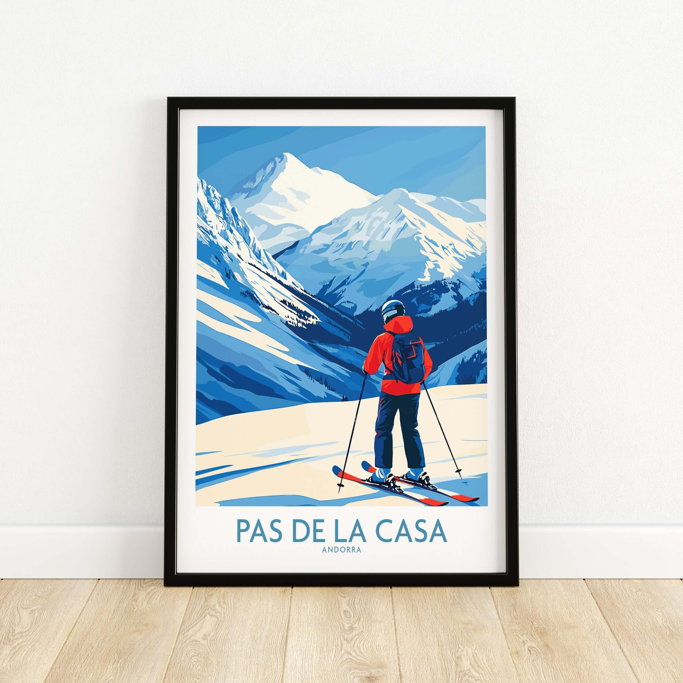 Pas de la Casa Andorra Print | Pyrenees Skiing Poster featuring a skier in front of snowy mountains.