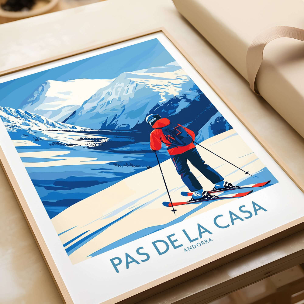 Pas de la Casa Andorra Print | Pyrenees Skiing Poster featuring a skier against stunning mountain scenery.