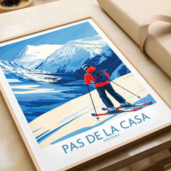 Pas de la Casa Andorra Print | Pyrenees Skiing Poster featuring a skier against stunning mountain scenery.