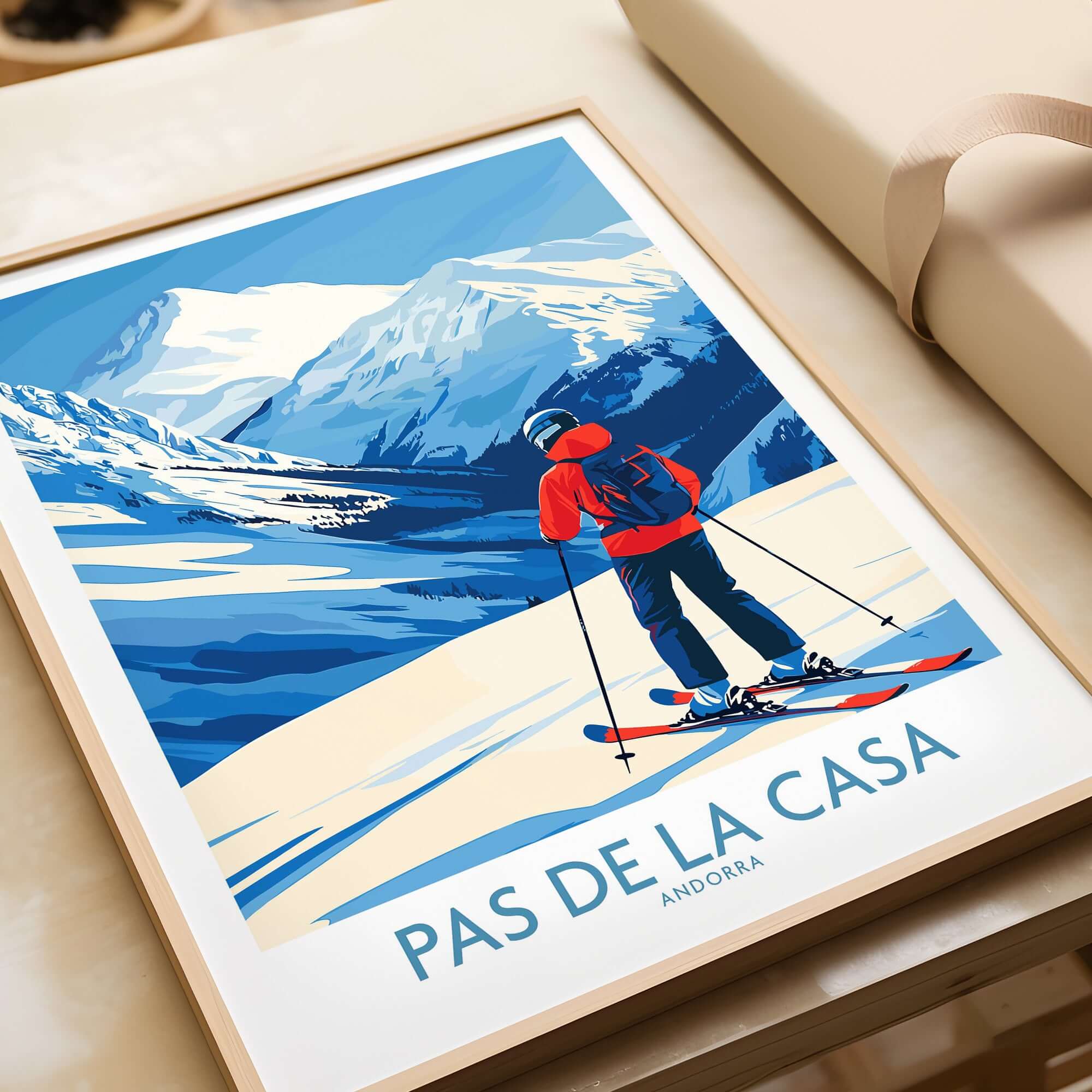 Pas de la Casa Andorra Print | Pyrenees Skiing Poster featuring a skier against stunning mountain scenery.