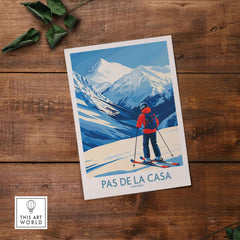 Pas de la Casa Andorra Print | Pyrenees Skiing Poster featuring a skier on a snowy mountain backdrop.