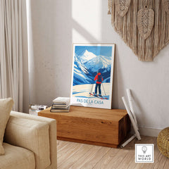 Pas de la Casa Andorra Print | Pyrenees Skiing Poster displayed in a cozy mountain-themed living room.