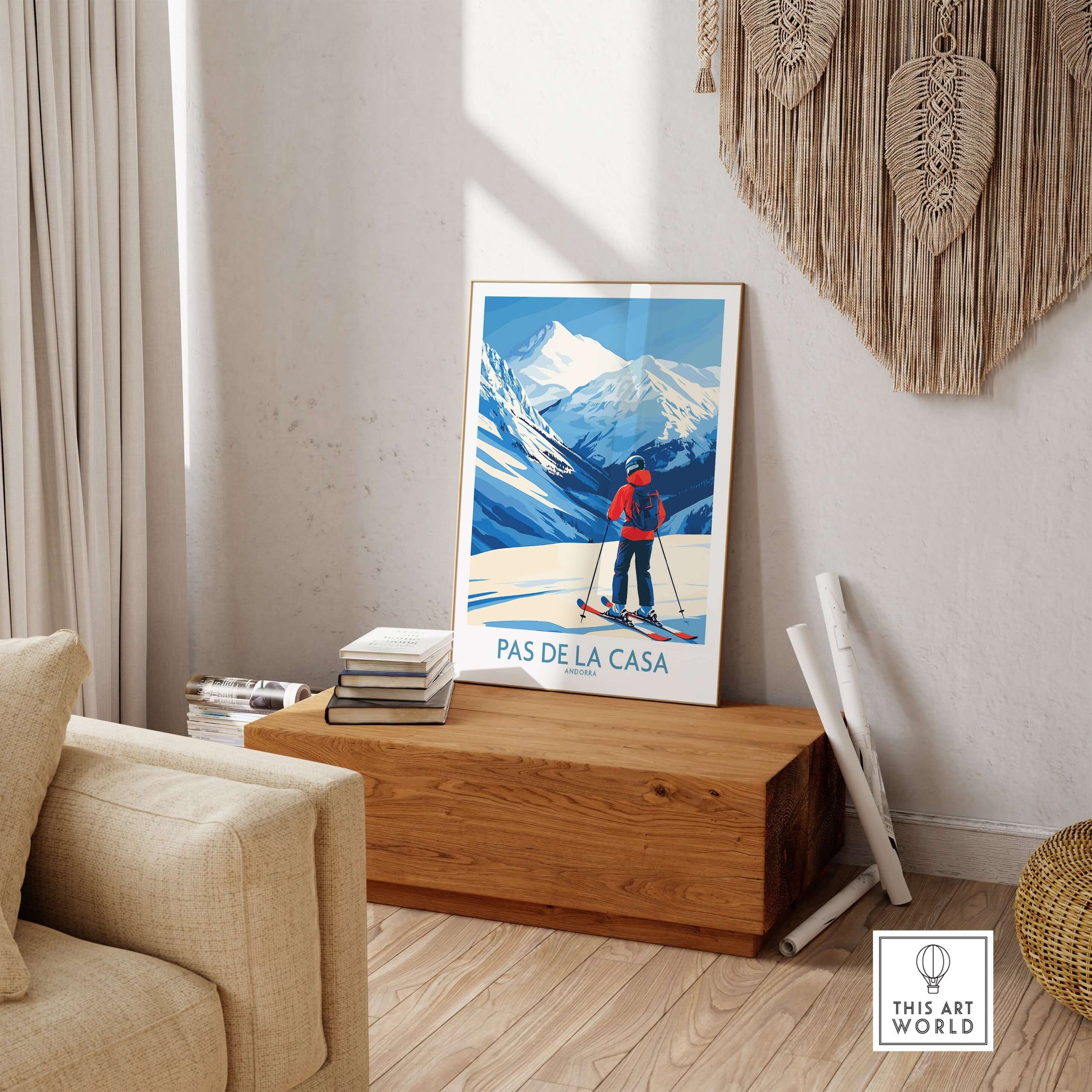 Pas de la Casa Andorra Print | Pyrenees Skiing Poster displayed in a cozy mountain-themed living room.
