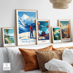 Pas de la Casa Andorra Print | Pyrenees Skiing Poster displayed among various travel posters on a stylish shelf.