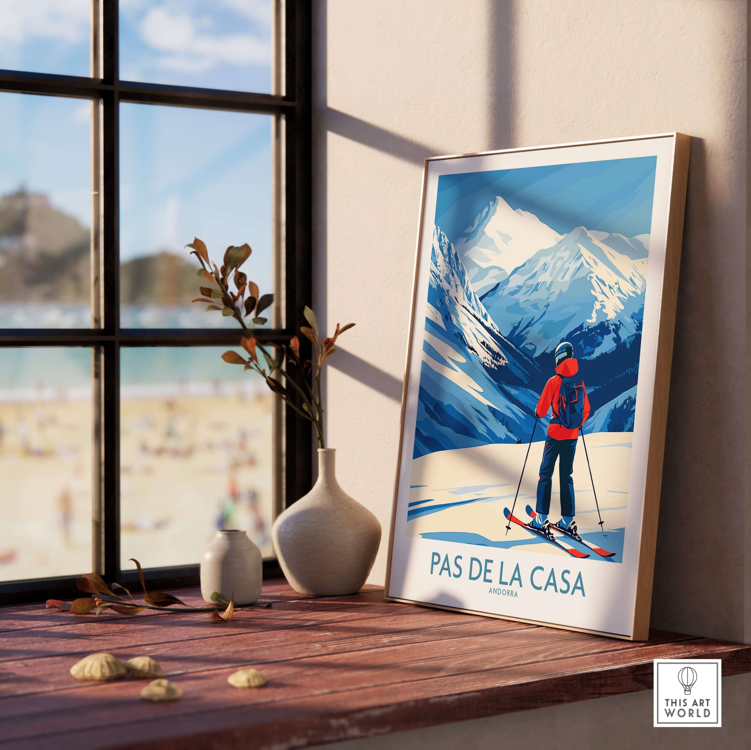Pas de la Casa Andorra Print | Pyrenees Skiing Poster displayed indoors with scenic mountain backdrop.