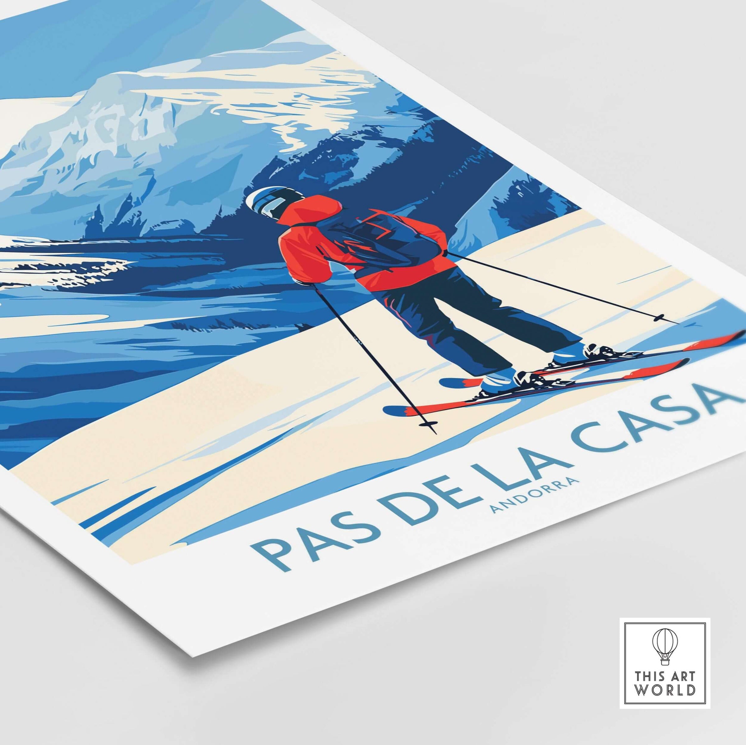 Pas de la Casa Andorra Print | Pyrenees Skiing Poster featuring a skier enjoying the slopes in a vibrant landscape.