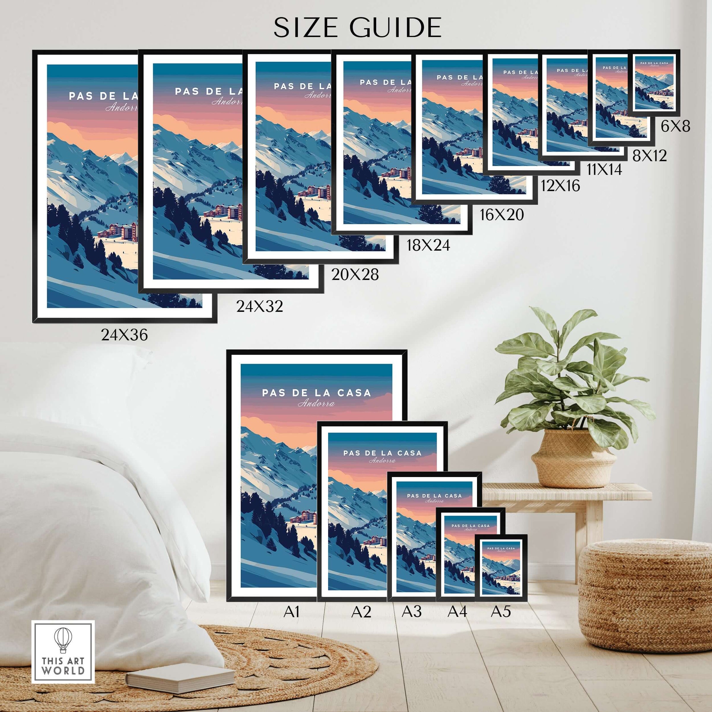 Pas de la Casa Wall Art | Andorra Travel Print size guide with various frame sizes displayed in an interior setting.