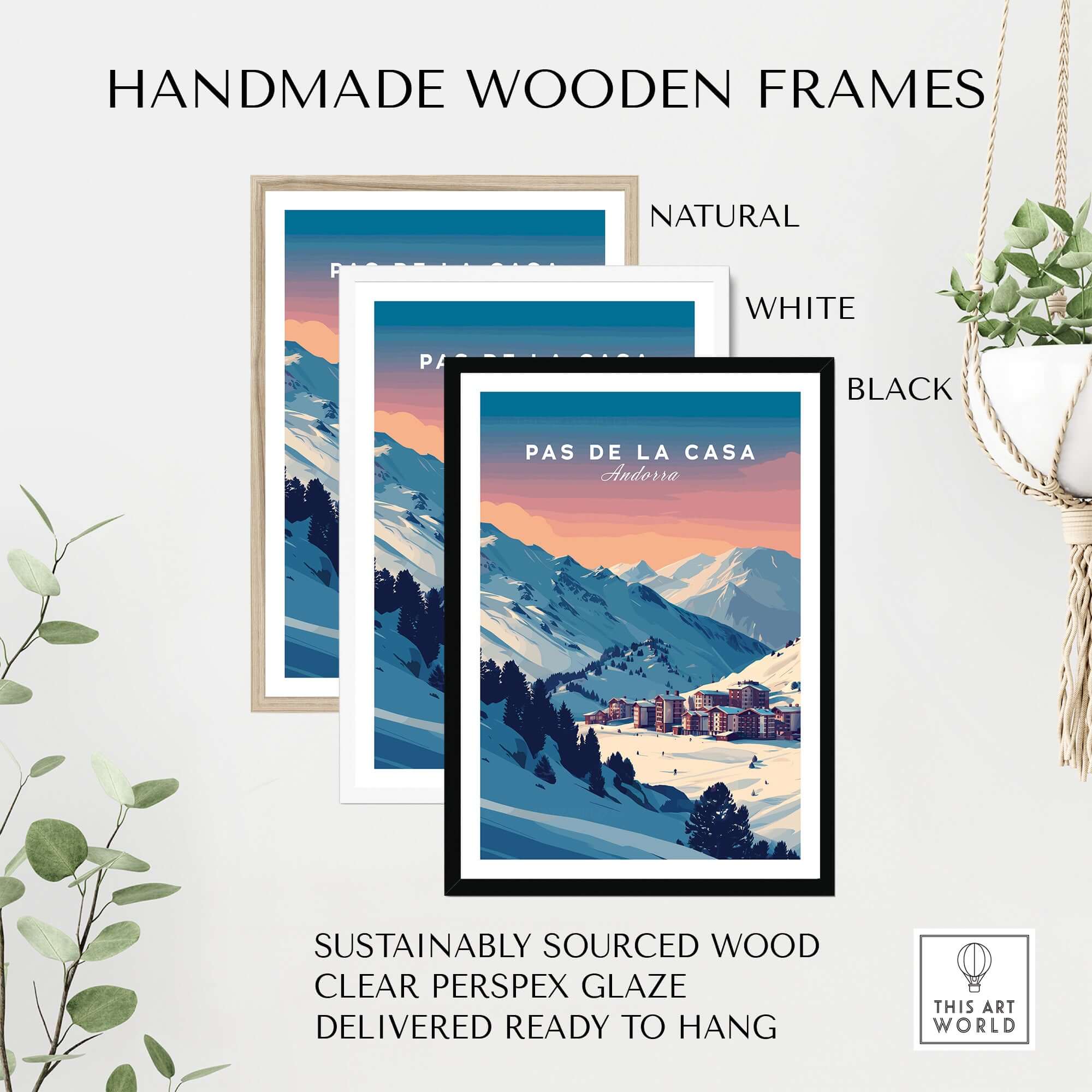 Pas de la Casa Wall Art | Andorra Travel Print in handmade wooden frames, showcasing natural, white, and black options.