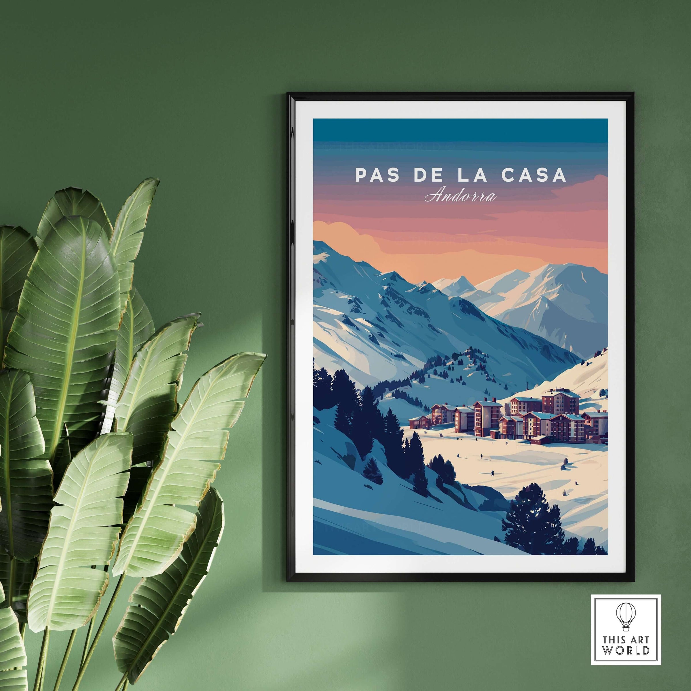 Pas de la Casa Wall Art | Andorra Travel Print featuring a scenic mountain view and charming ski village.