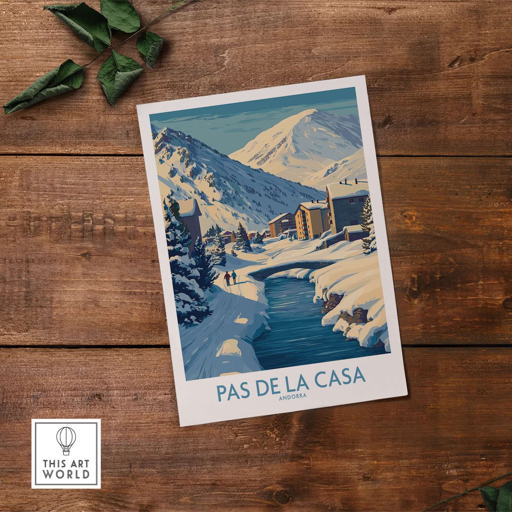 Pas de la Casa Andorra Art Print | Winter Village Bridge Poster showcasing a picturesque winter landscape.