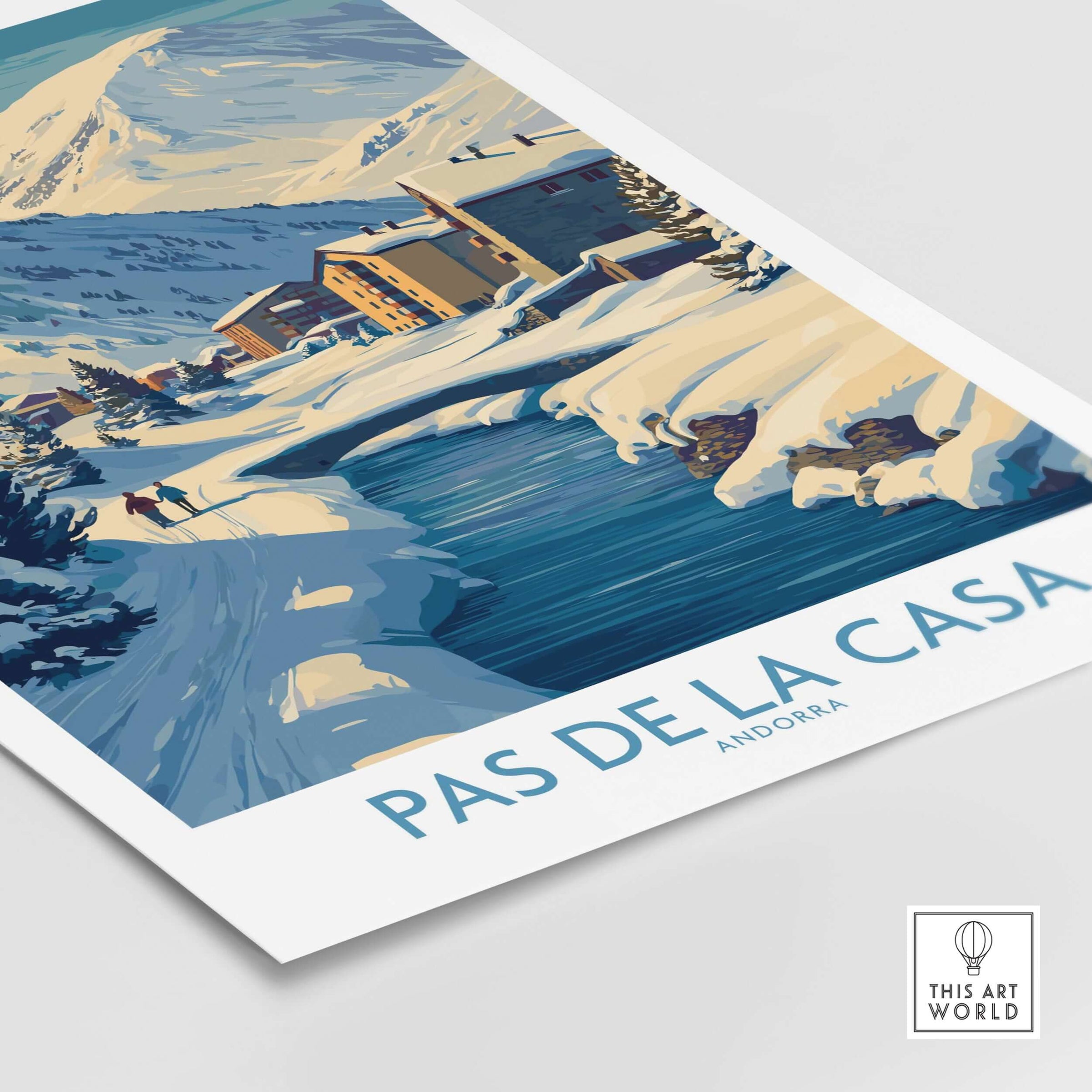 Pas de la Casa Andorra Art Print | Winter Village Bridge Poster showcasing a snow-covered landscape with a river.
