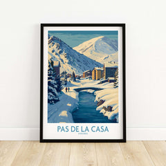 Pas de la Casa Andorra Art Print | Winter Village Bridge Poster featuring a snowy landscape and charming architecture.