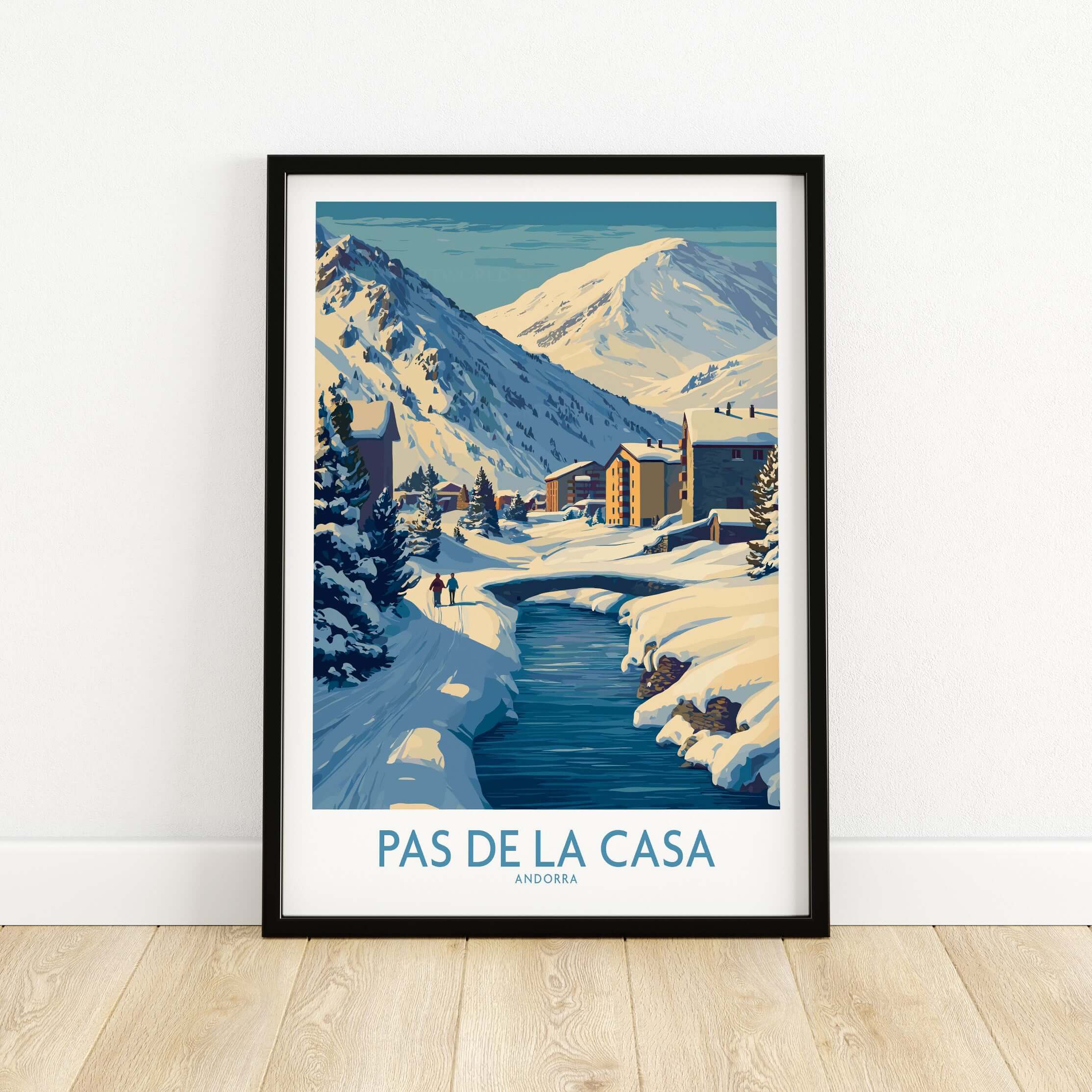 Pas de la Casa Andorra Art Print | Winter Village Bridge Poster featuring a snowy landscape and charming architecture.