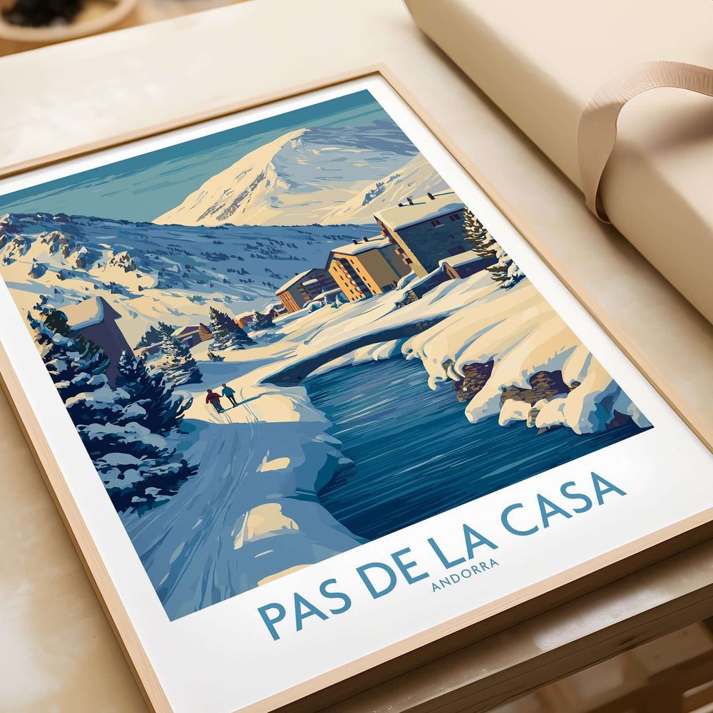 Pas de la Casa Andorra Art Print | Winter Village Bridge Poster featuring a snowy village and serene river scene.