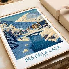 Pas de la Casa Andorra Art Print | Winter Village Bridge Poster featuring a snowy village and serene river scene.