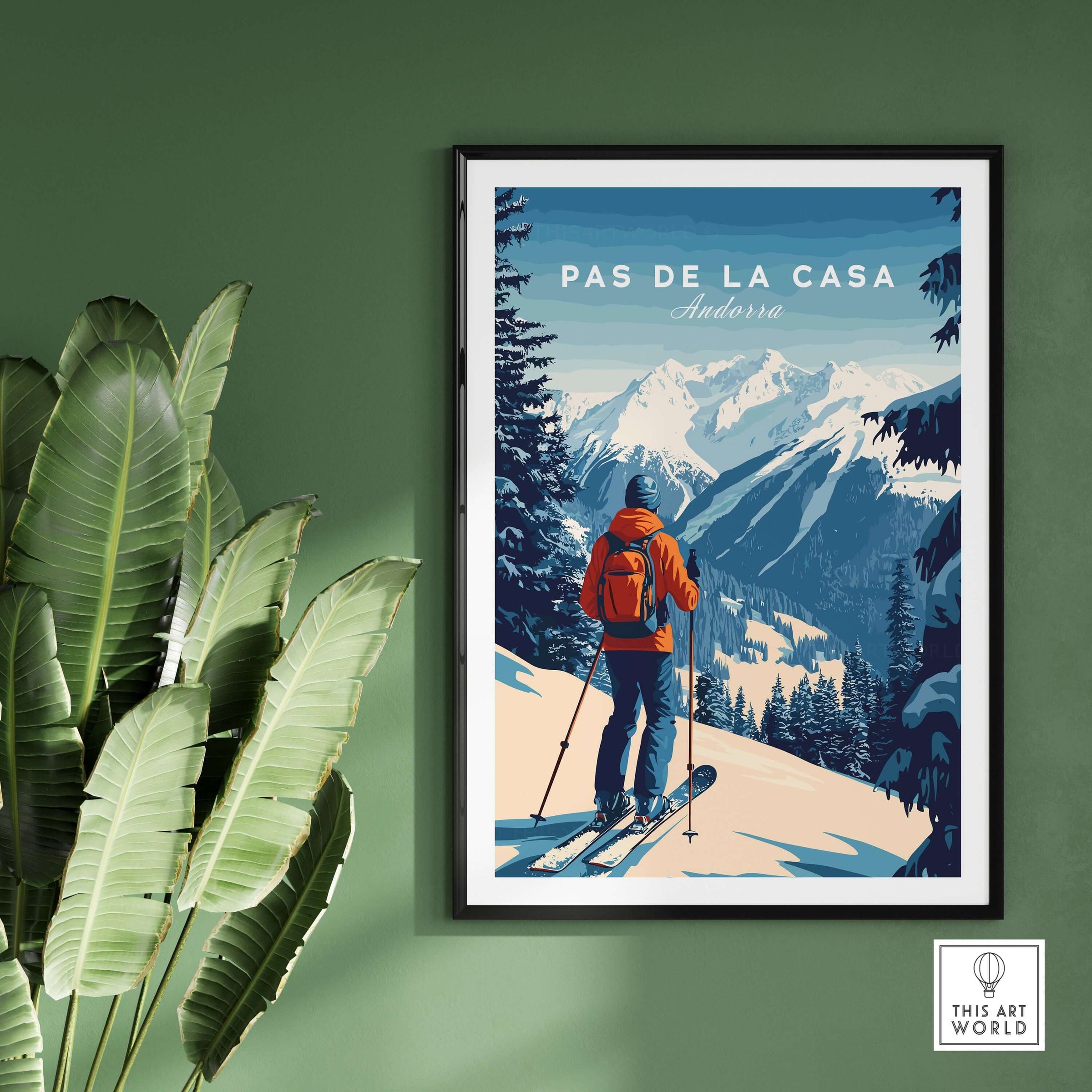 Pas de la Casa Poster Grandvalira Ski Print | Snow and Ski Wall Decor showcasing a skier against stunning mountain backdrop.