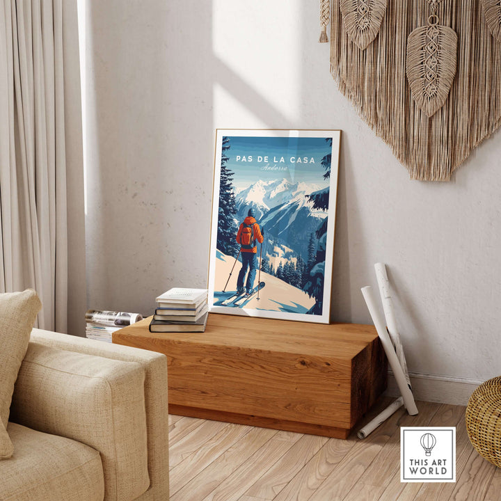 Pas de la Casa Poster Grandvalira Ski Print | Snow and Ski Wall Decor displayed in a cozy living room.