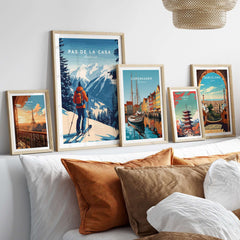 Pas de la Casa Poster Grandvalira Ski Print | Snow and Ski Wall Decor displayed on a cozy sofa.