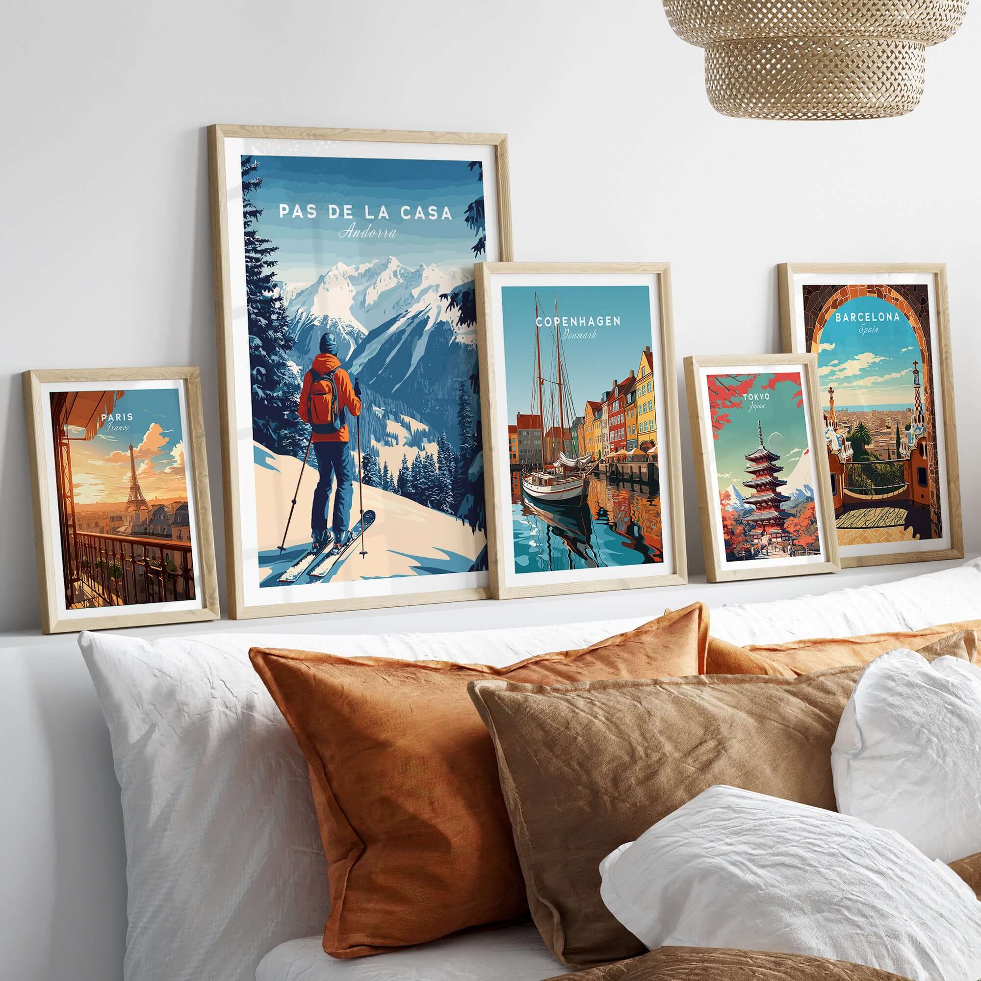 Pas de la Casa Poster Grandvalira Ski Print | Snow and Ski Wall Decor displayed on a cozy sofa.