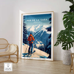 Pas de la Casa Poster Grandvalira Ski Print | Snow and Ski Wall Decor featuring a skier in the mountains.