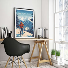 Pas de la Casa Poster Grandvalira Ski Print | Snow and Ski Wall Decor in stylish workspace with desk and chair.