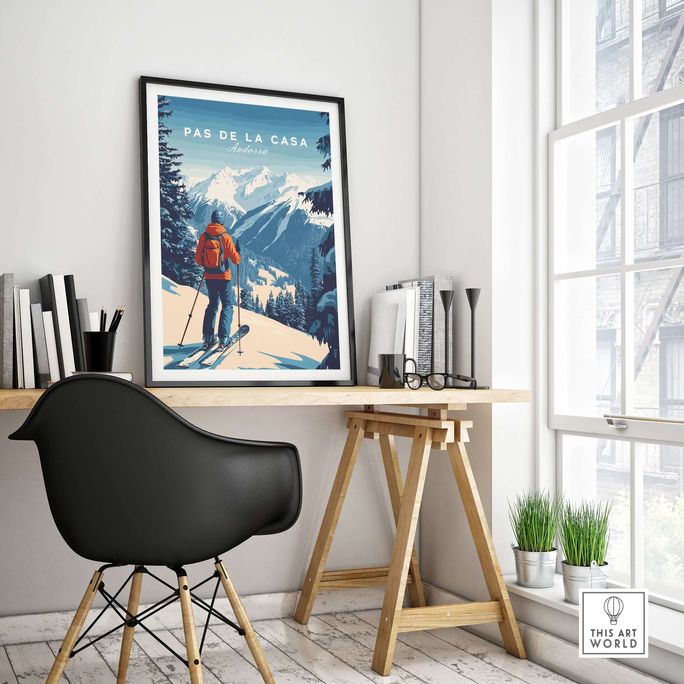 Pas de la Casa Poster Grandvalira Ski Print | Snow and Ski Wall Decor in stylish workspace with desk and chair.