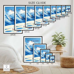 Pas de la Casa Grandvalira Ski Print | Winter Sports Wall Decor size guide showcasing various frame sizes.