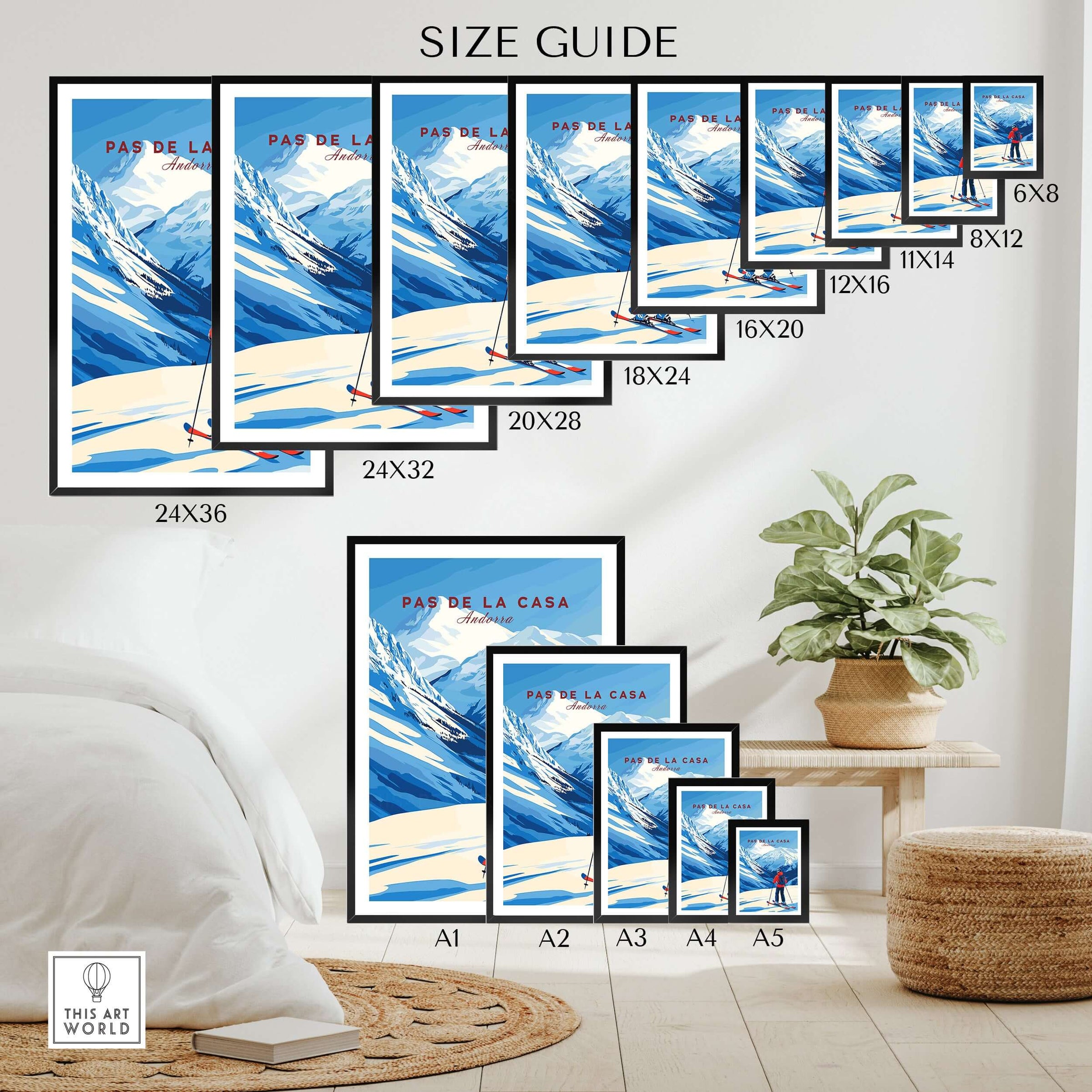 Pas de la Casa Grandvalira Ski Print | Winter Sports Wall Decor size guide showcasing various frame sizes.