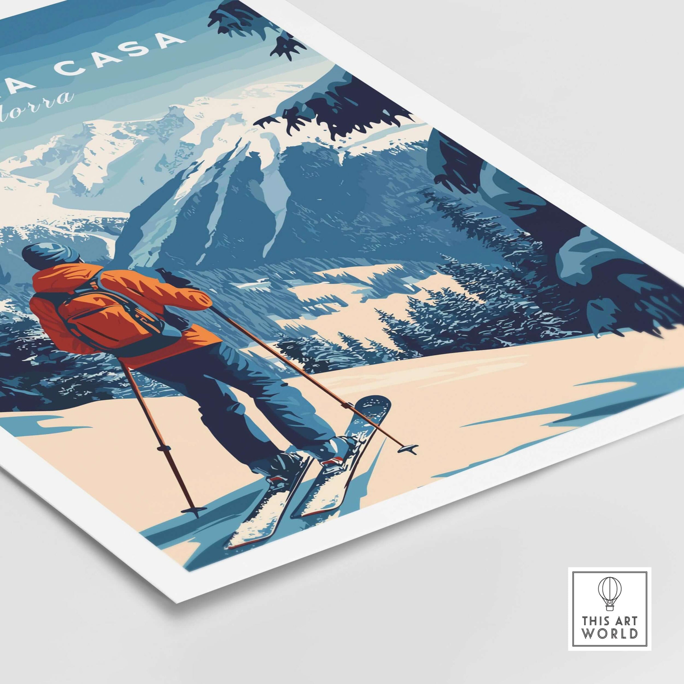 Pas de la Casa Poster Grandvalira Ski Print | Snow and Ski Wall Decor showcasing a skier on snow-covered slopes.