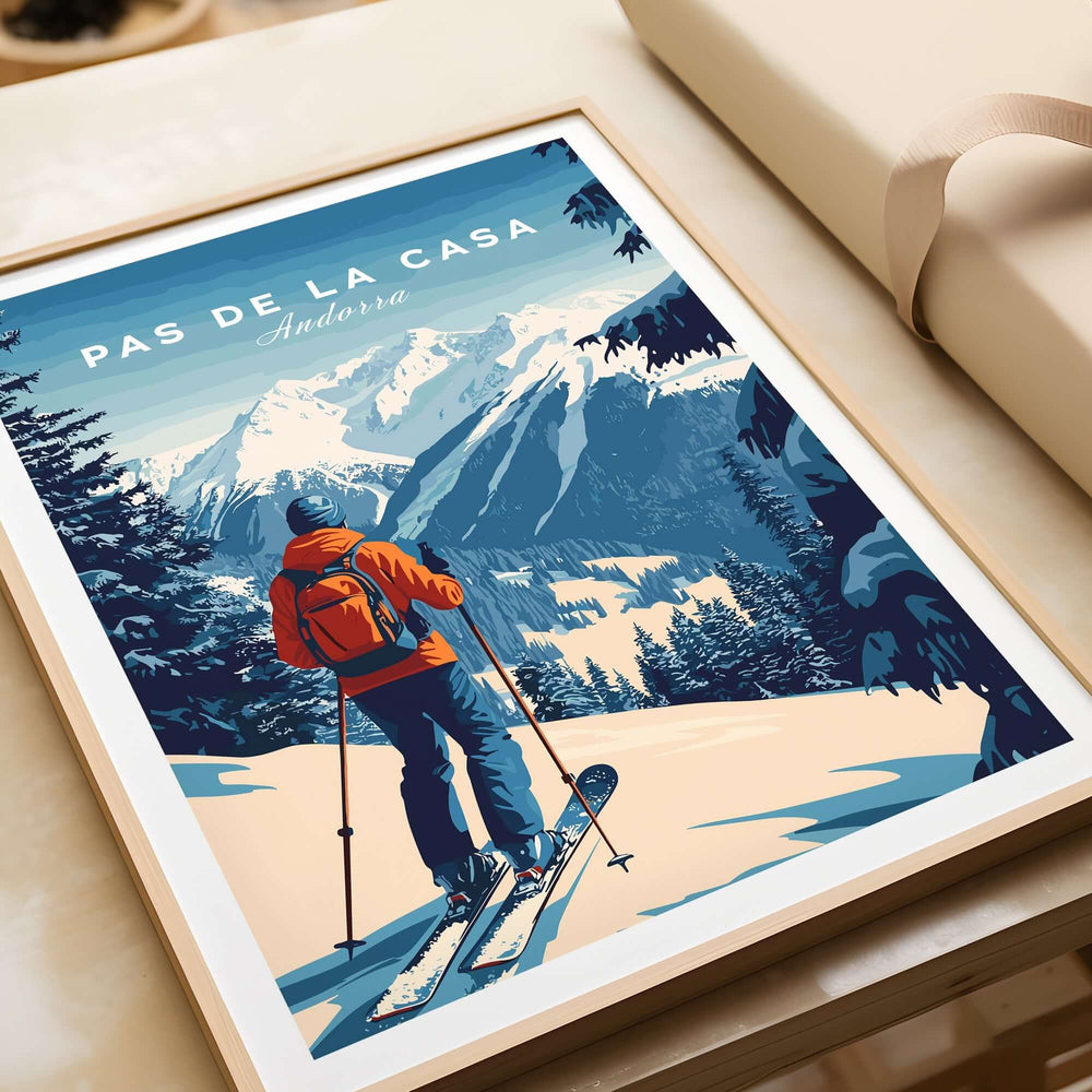 Pas de la Casa Poster Grandvalira Ski Print | Snow and Ski Wall Decor featuring a skier in snowy mountains.