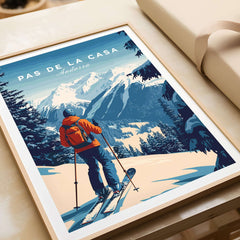 Pas de la Casa Poster Grandvalira Ski Print | Snow and Ski Wall Decor featuring a skier in snowy mountains.