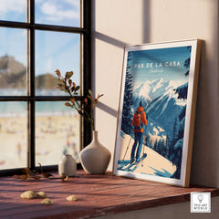 Pas de la Casa Poster Grandvalira Ski Print | Snow and Ski Wall Decor displayed on a shelf in a scenic interior.
