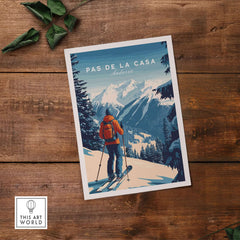Pas de la Casa Poster Grandvalira Ski Print | Snow and Ski Wall Decor, featuring a skier on snowy slopes with mountains.
