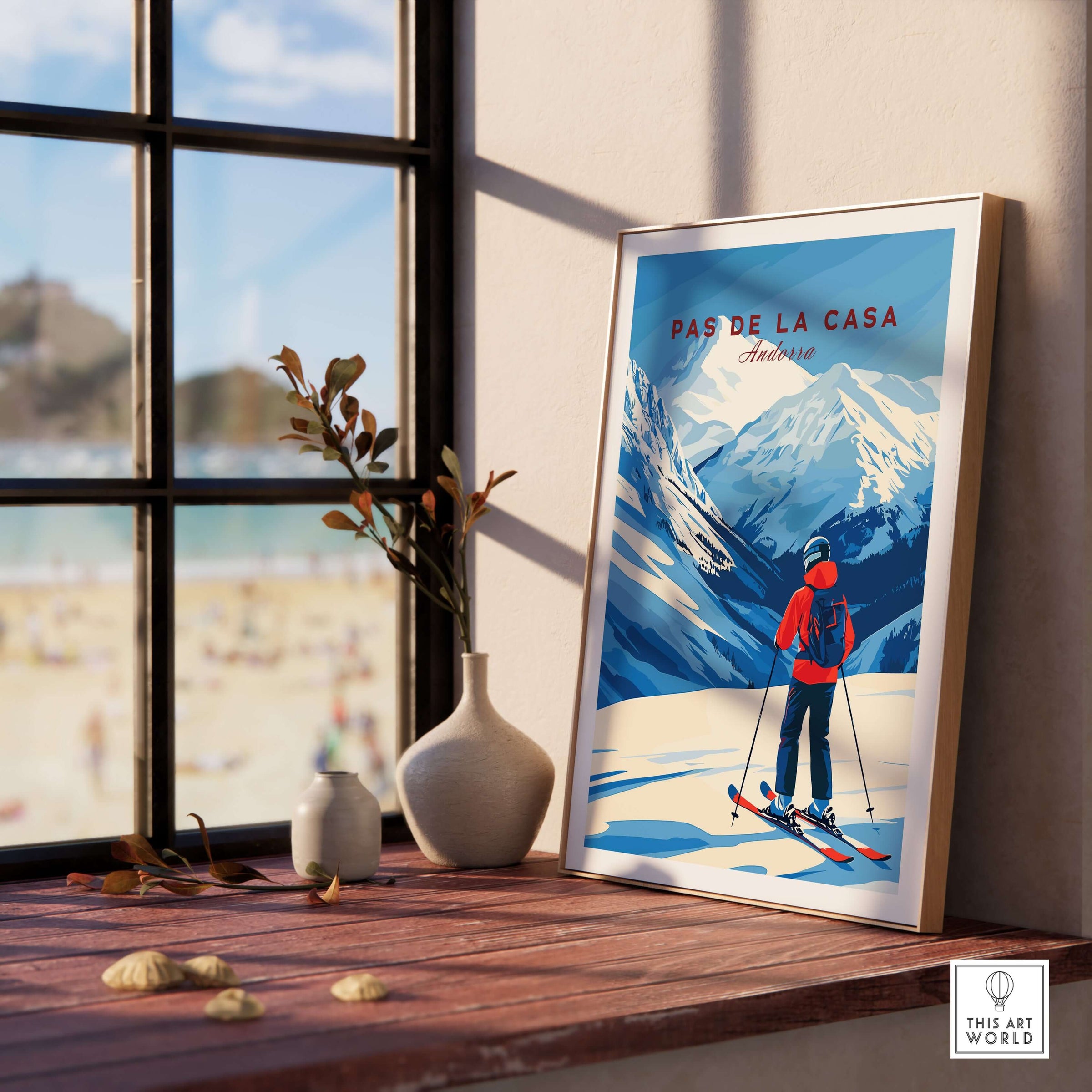 Pas de la Casa Grandvalira Ski Print | Winter Sports Wall Decor displayed in a sunny interior with mountains and skier.
