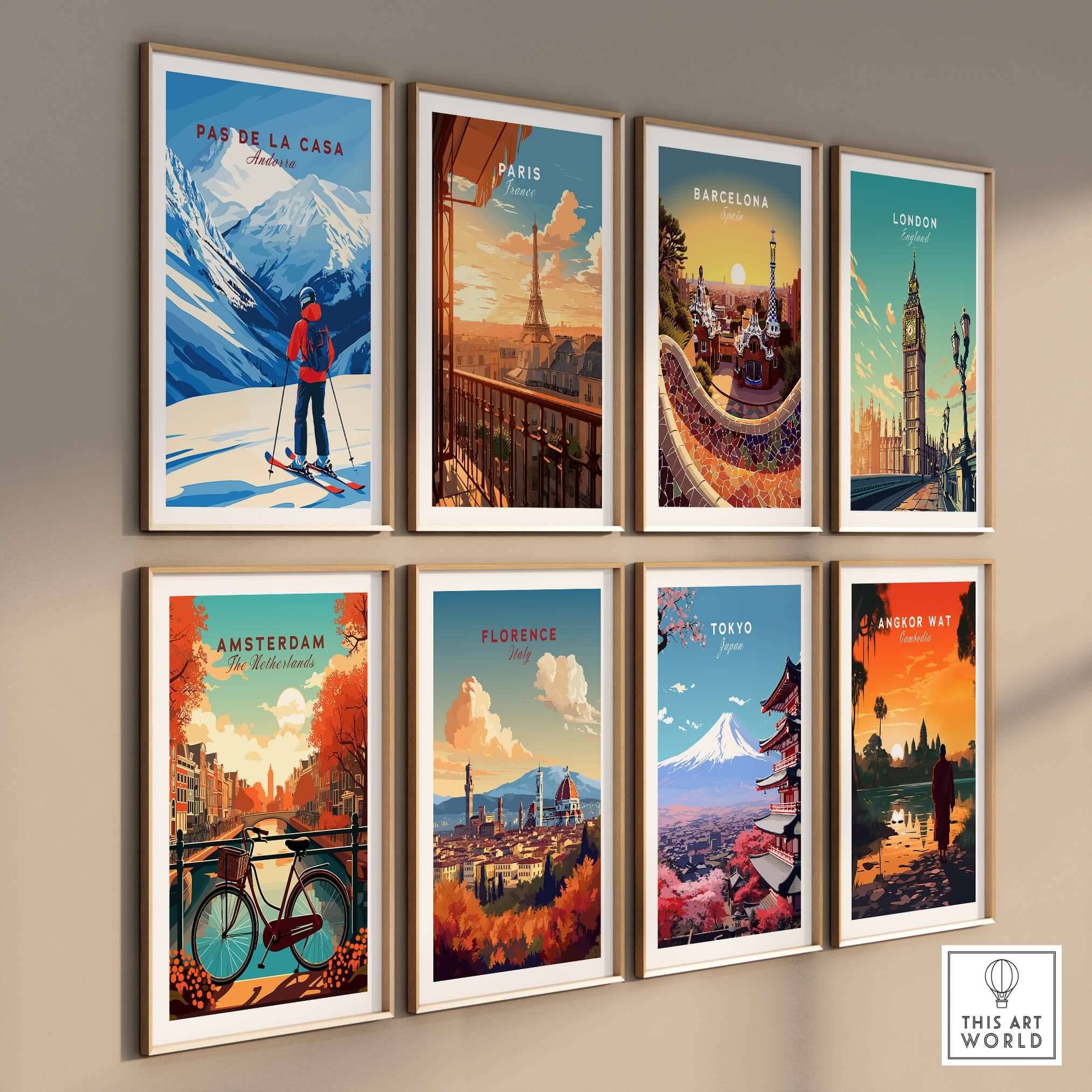 Pas de la Casa Grandvalira Ski Print | Winter Sports Wall Decor featured among various city prints on a stylish wall.