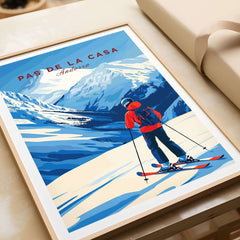 Pas de la Casa Grandvalira Ski Print | Winter Sports Wall Decor featuring skier against a scenic mountain backdrop.