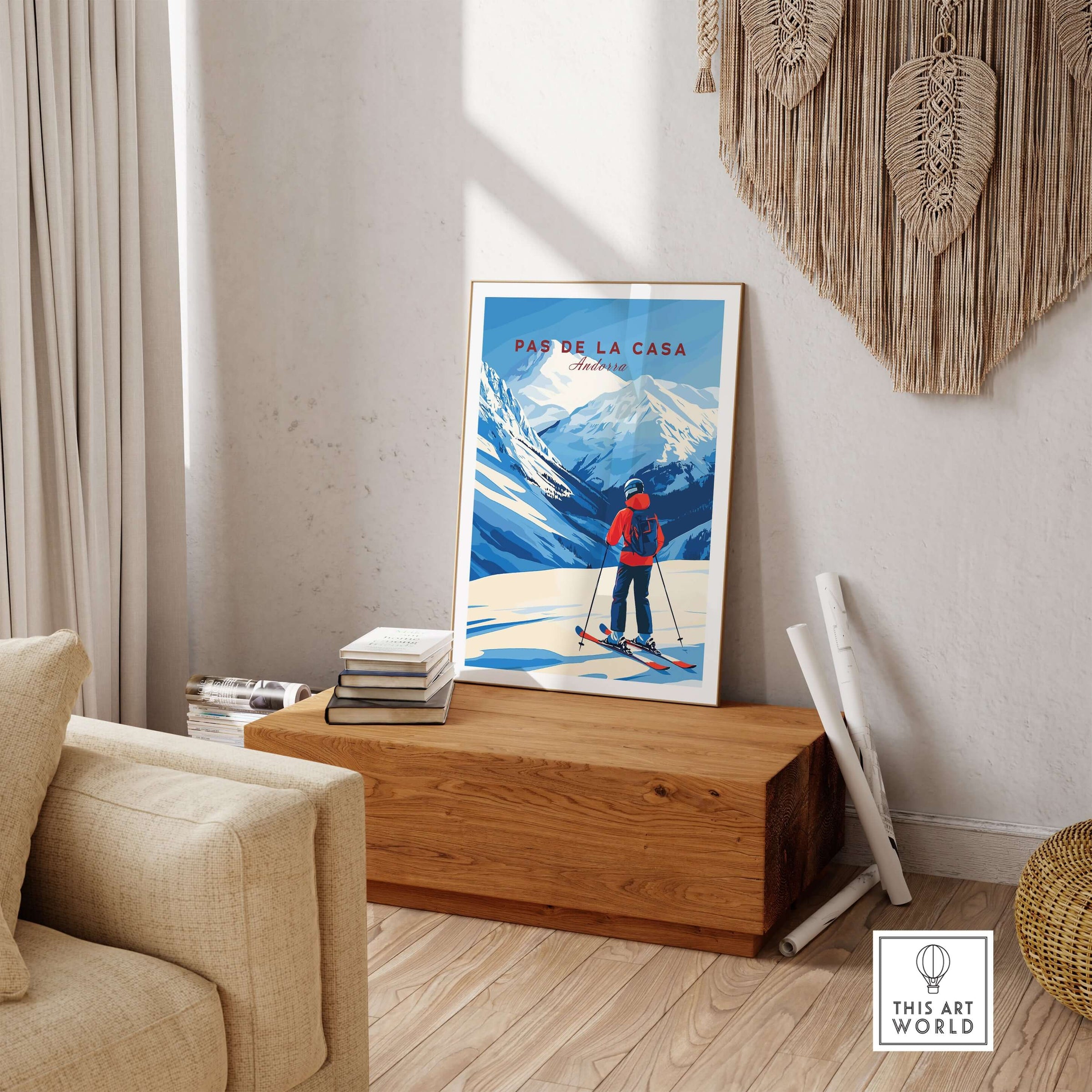 Pas de la Casa Grandvalira Ski Print | Winter Sports Wall Decor displayed in cozy living room setting.