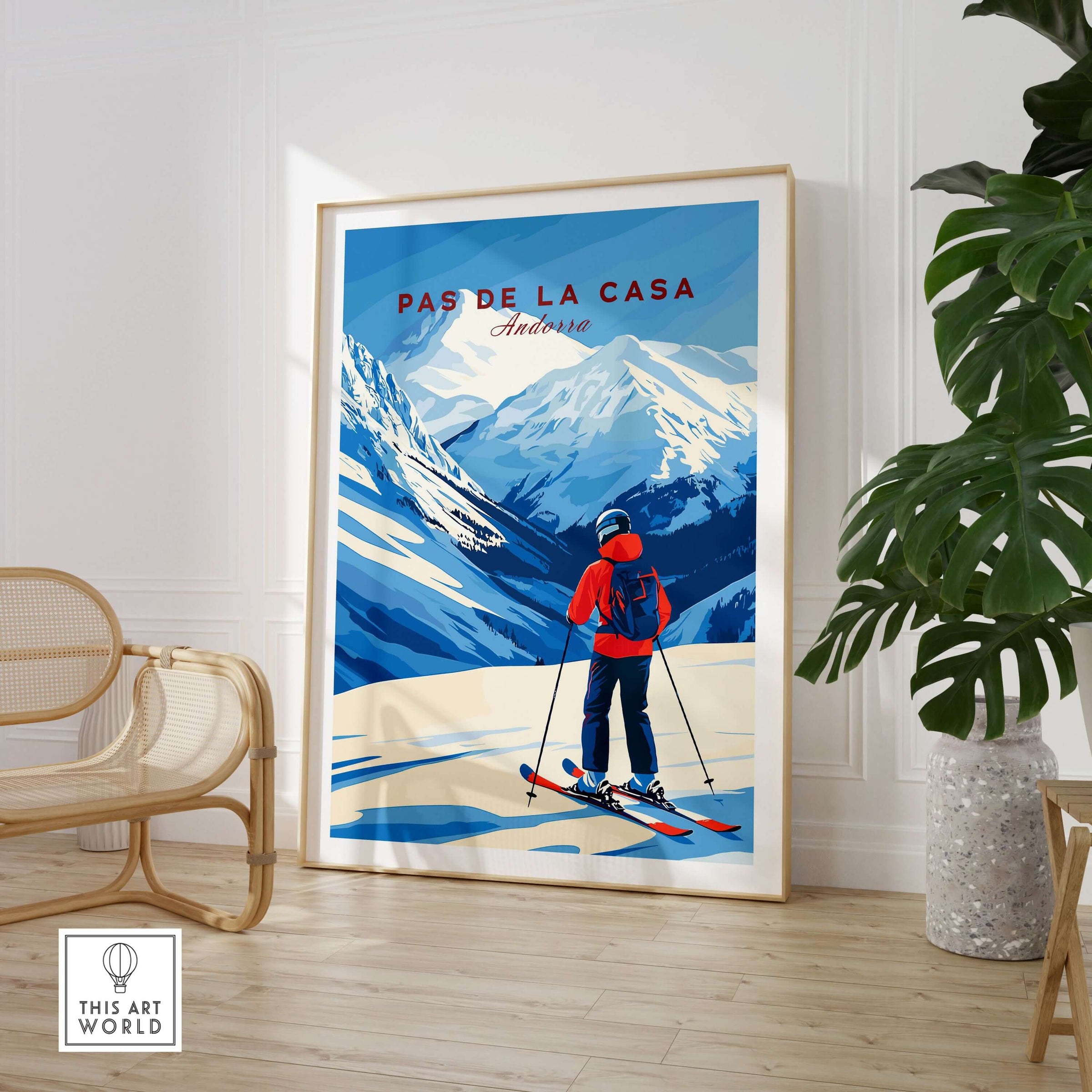 Pas de la Casa Grandvalira Ski Print | Winter Sports Wall Decor featuring a skier in a vibrant alpine landscape.