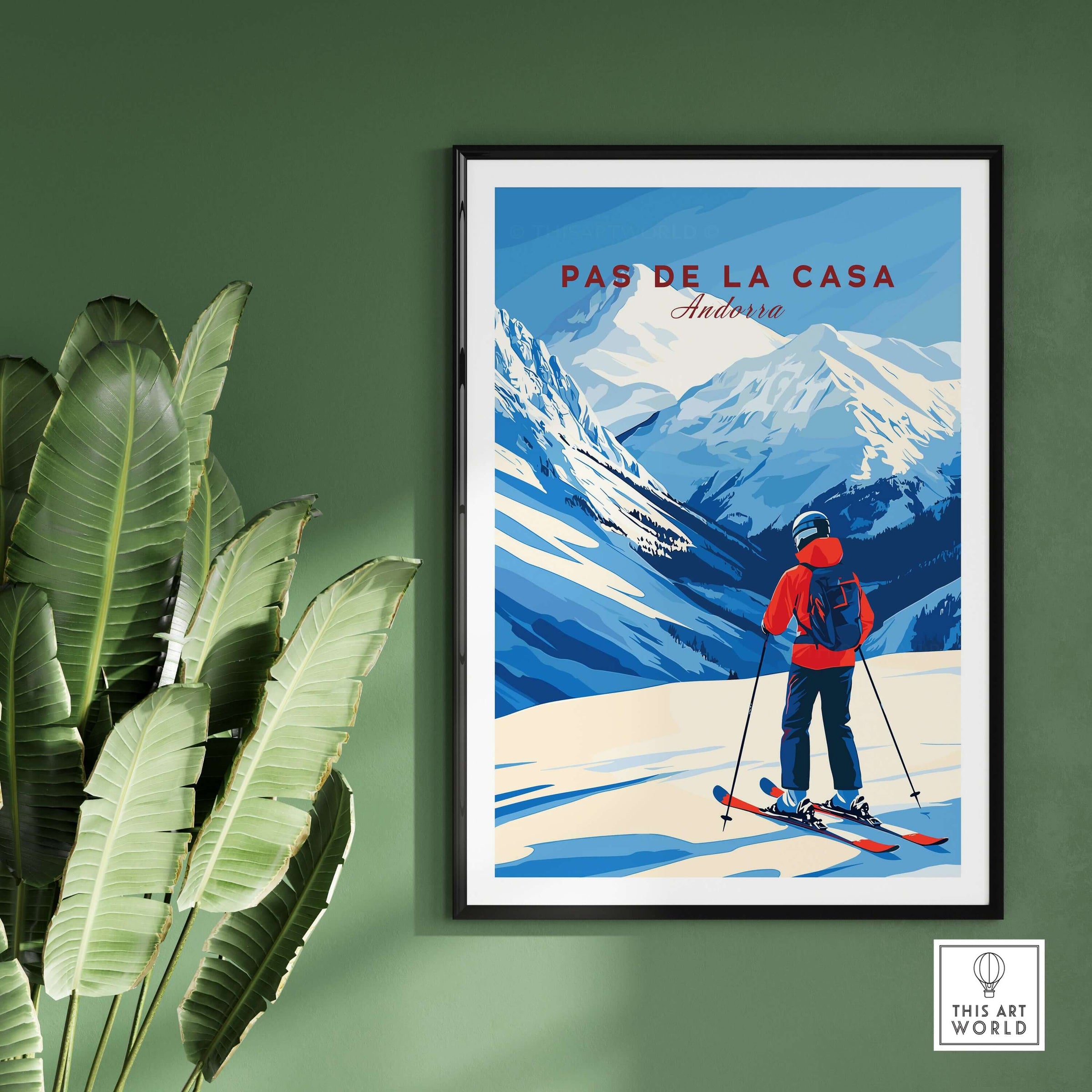 Pas de la Casa Grandvalira Ski Print | Winter Sports Wall Decor featuring a skier against stunning mountain scenery.