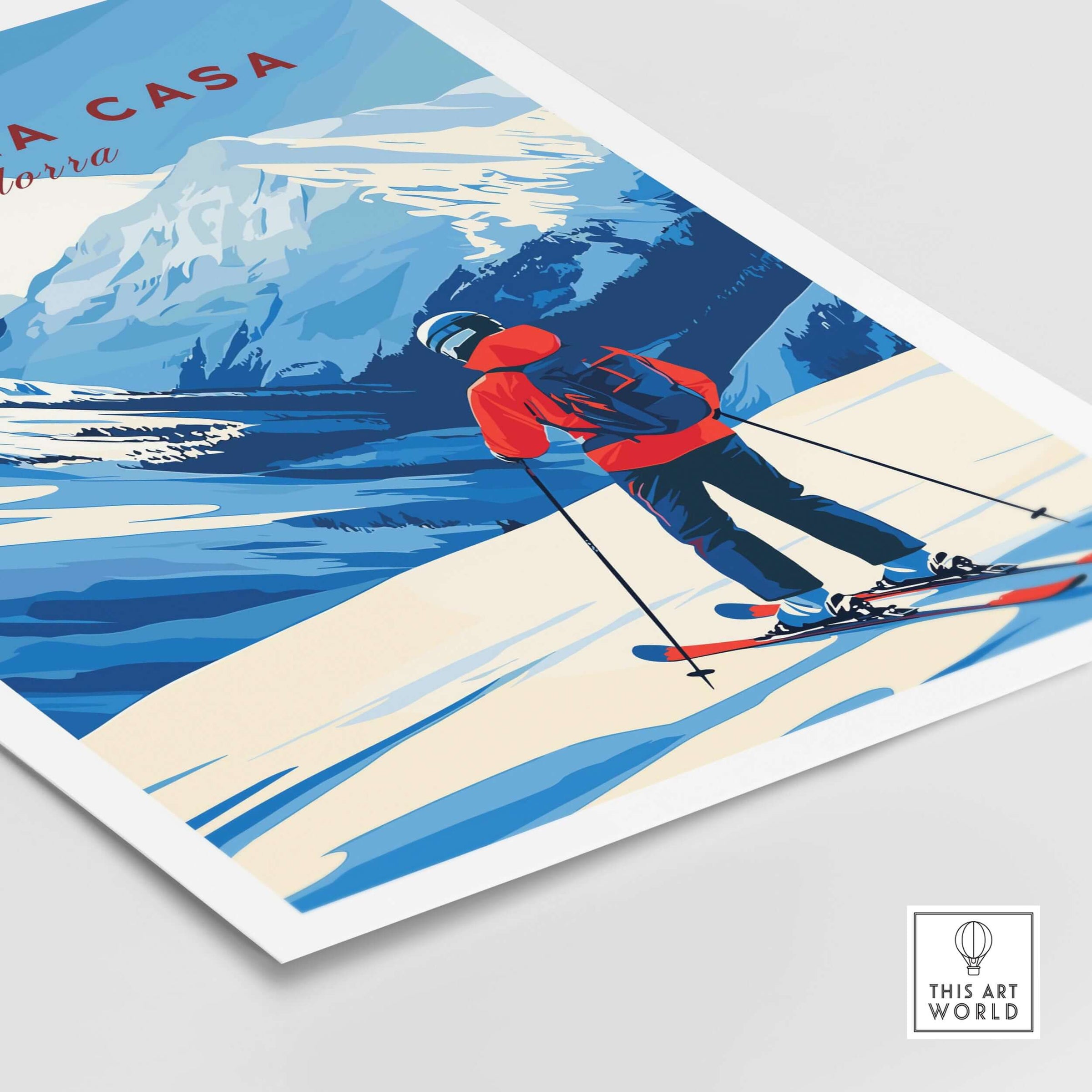 Pas de la Casa Grandvalira Ski Print | Winter Sports Wall Decor featuring a skier against a snowy mountain backdrop.