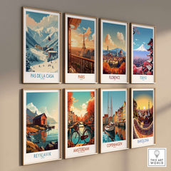 Pas de la Casa Andorra Ski Resort Art Print | Pyrenees Cable Car Poster displayed in a gallery wall with other city art prints.