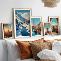 Pas de la Casa Pyrenees Ski Town View Print | Winter Landscape Home Decor displayed with other framed prints on a wall.