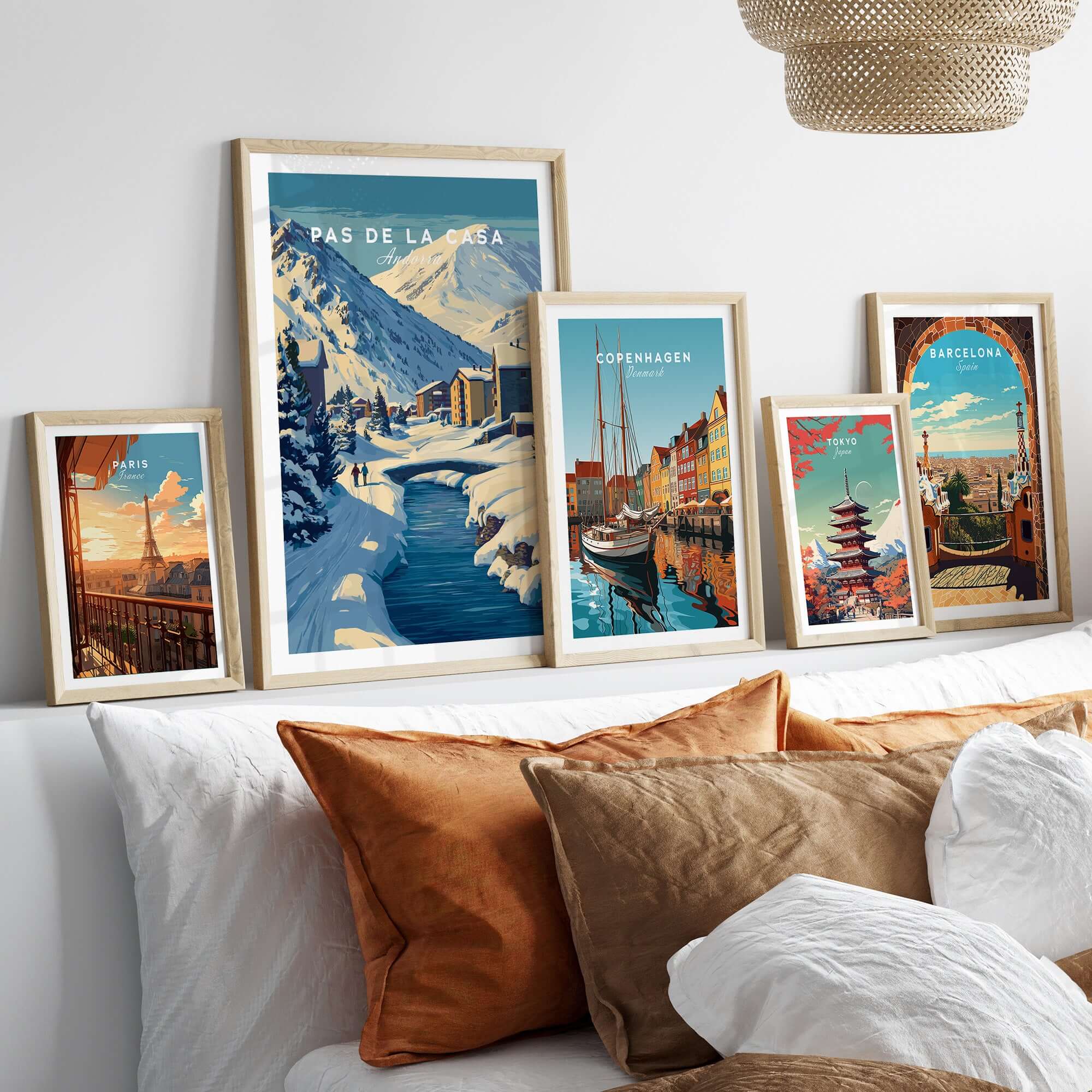Pas de la Casa Pyrenees Ski Town View Print | Winter Landscape Home Decor displayed with other framed prints on a wall.