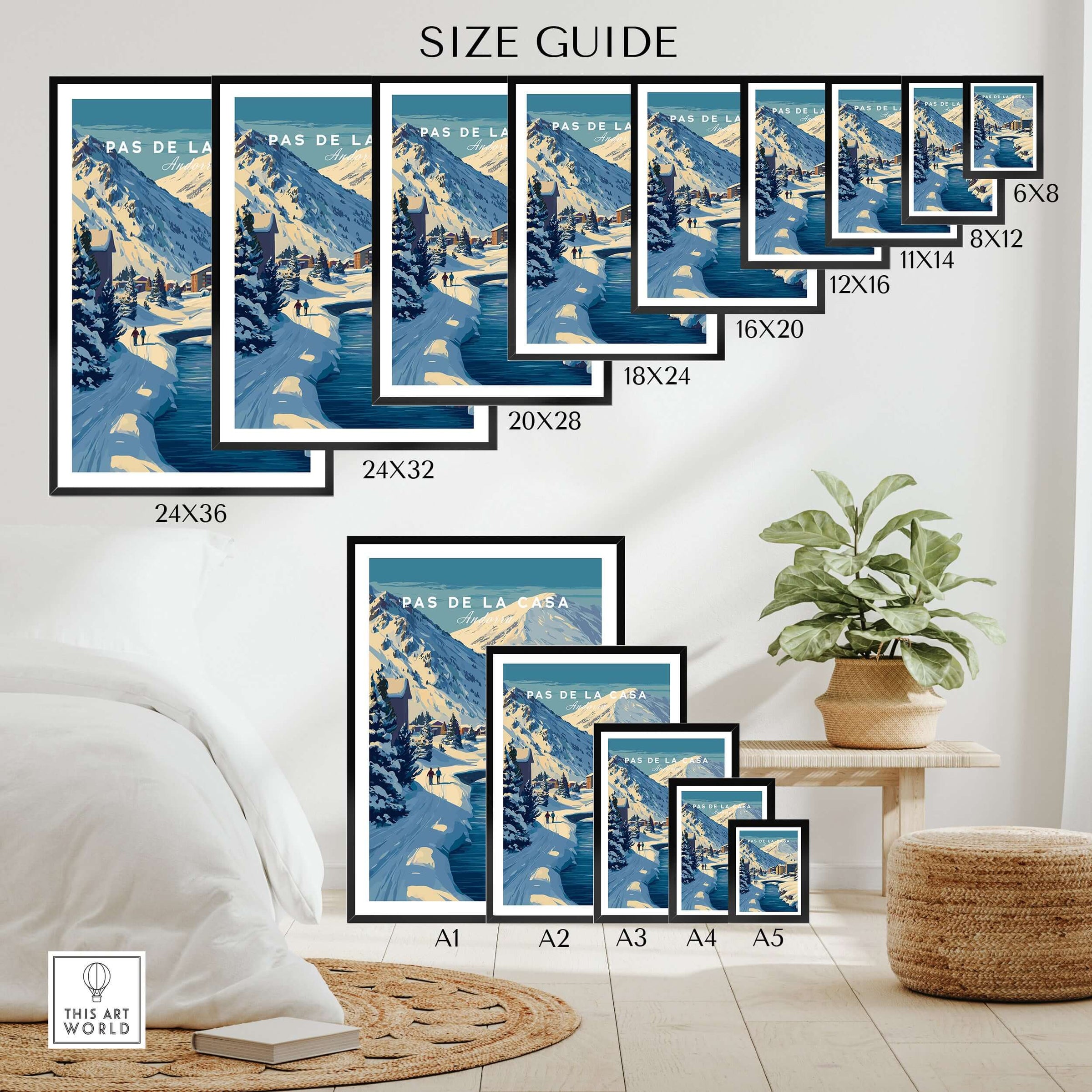Pas de la Casa Pyrenees Ski Town View Print | Winter Landscape Home Decor size guide showing different frame options.