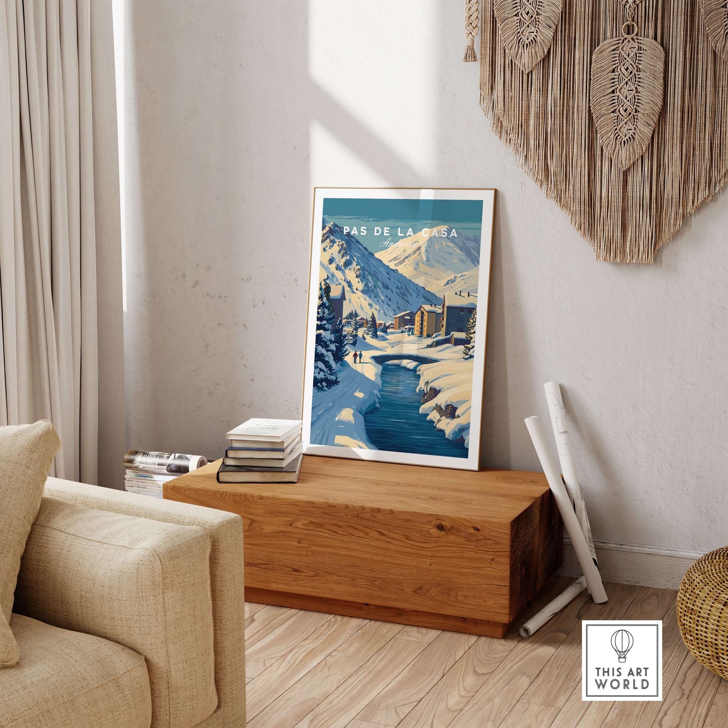 Pas de la Casa Pyrenees Ski Town View Print | Winter Landscape Home Decor displayed in a cozy living room.