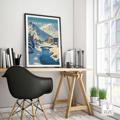 Pas de la Casa Pyrenees Ski Town View Print | Winter Landscape Home Decor framed in a modern workspace.