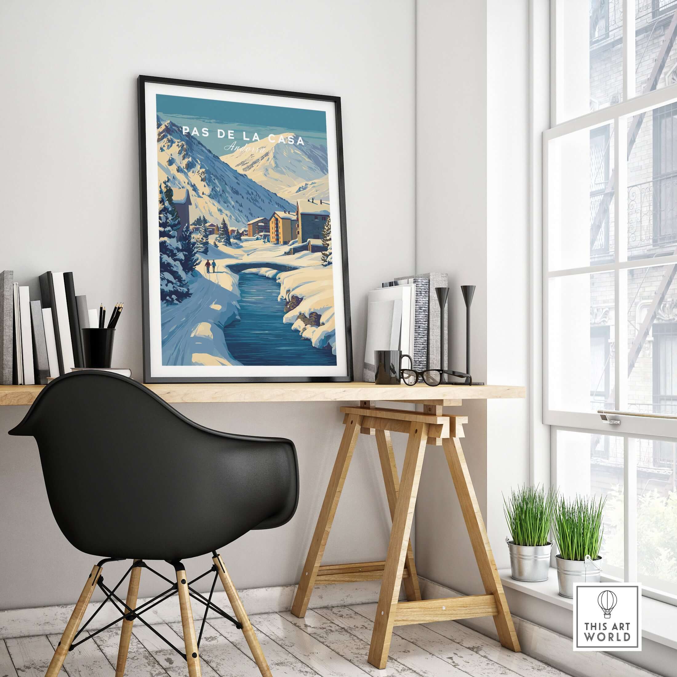 Pas de la Casa Pyrenees Ski Town View Print | Winter Landscape Home Decor framed in a modern workspace.