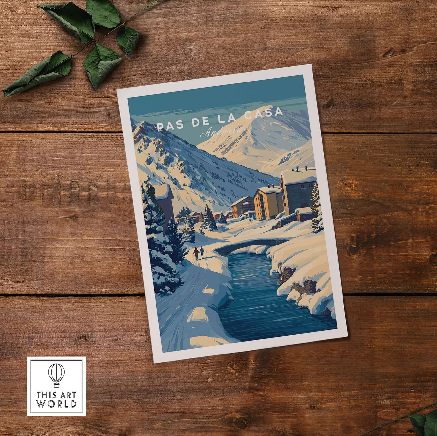 Pas de la Casa Pyrenees Ski Town View Print | Winter Landscape Home Decor on a wooden table