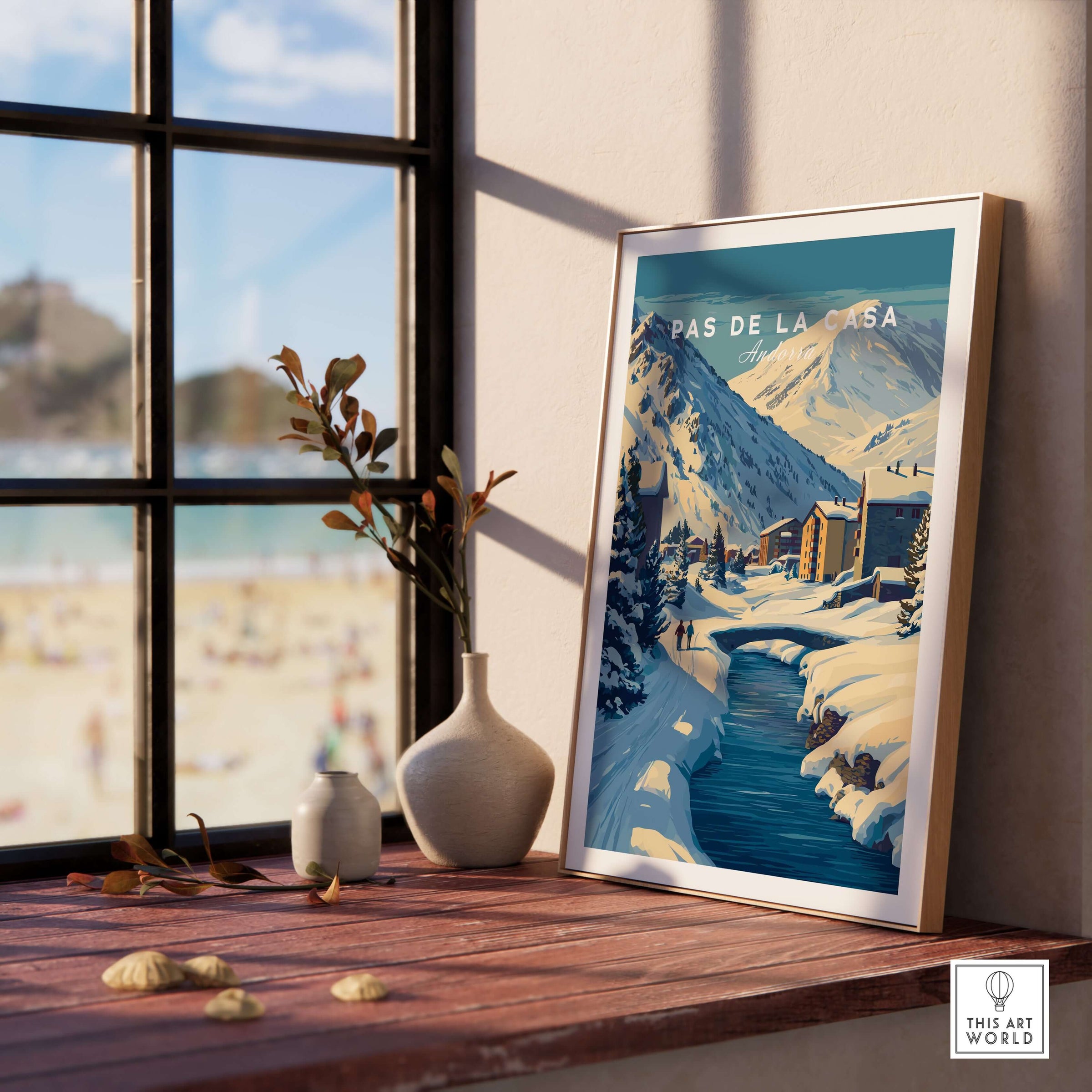 Pas de la Casa Pyrenees Ski Town View Print | Winter Landscape Home Decor displayed in a cozy interior setting with snowy mountains.