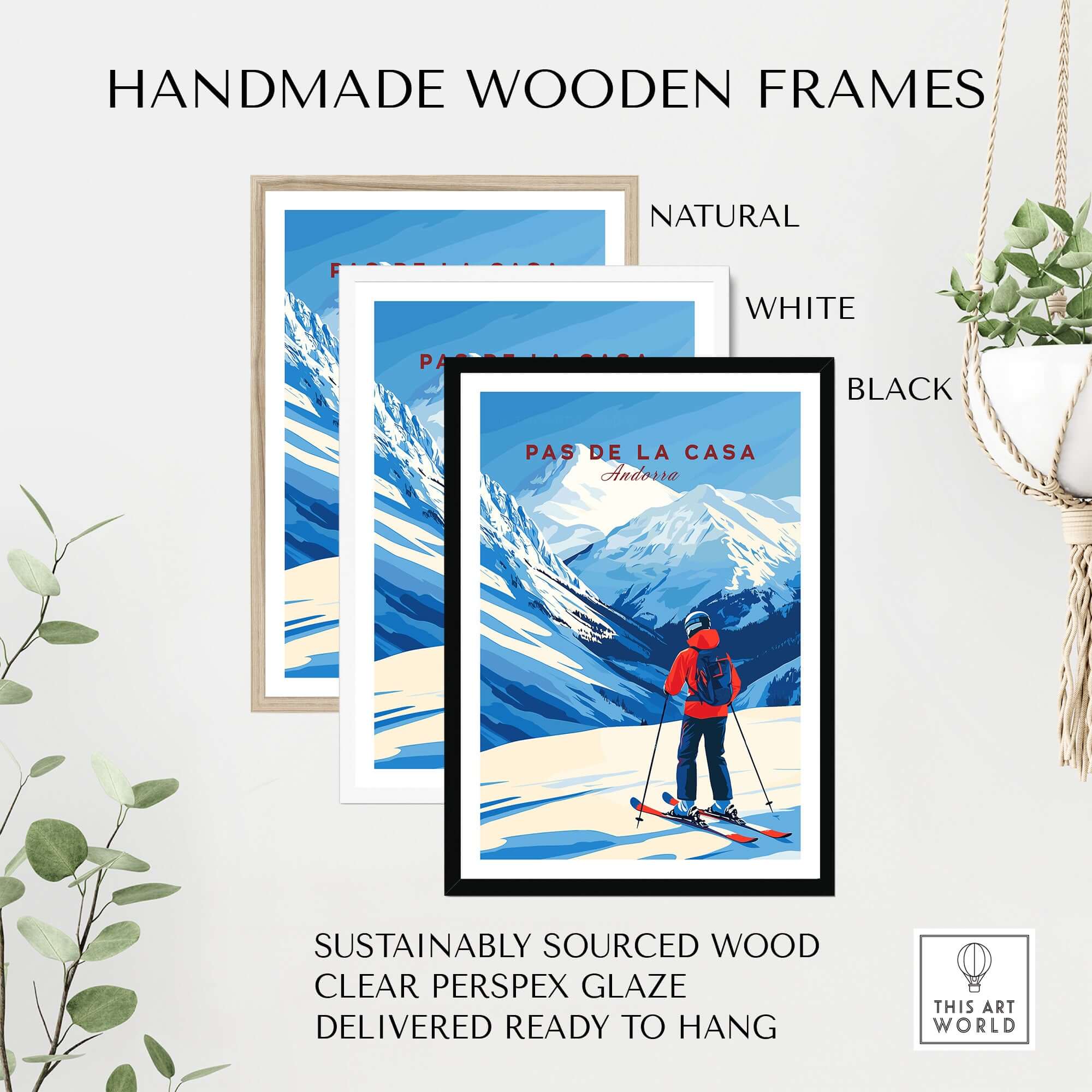 Pas de la Casa Grandvalira Ski Print | Winter Sports Wall Decor in handmade wooden frames, available in natural, white, and black.